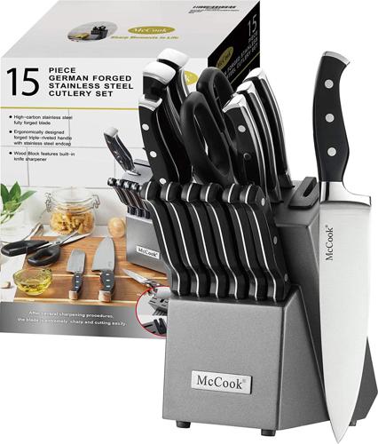 McCook MC25A 15-Piece Kitchen Knife Set Stainless Steel Cutlery Knife Block Set Built-in Sharpener
