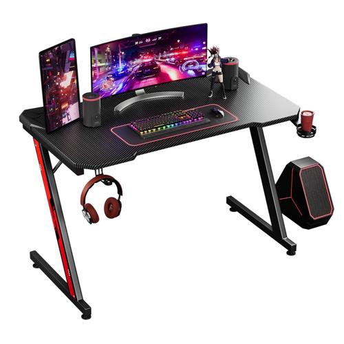 LACOO 44 Inches Z Shaped Computer Gaming Desk Carbon Fiber Surface Desk with Cup Holder and Headphone Hook, Black
