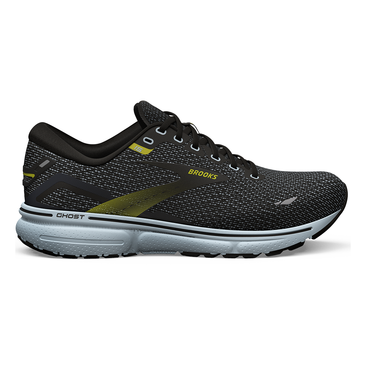 Men's Brooks Ghost 15, Black/Ballad Blue/Sulphur, 12 D Medium