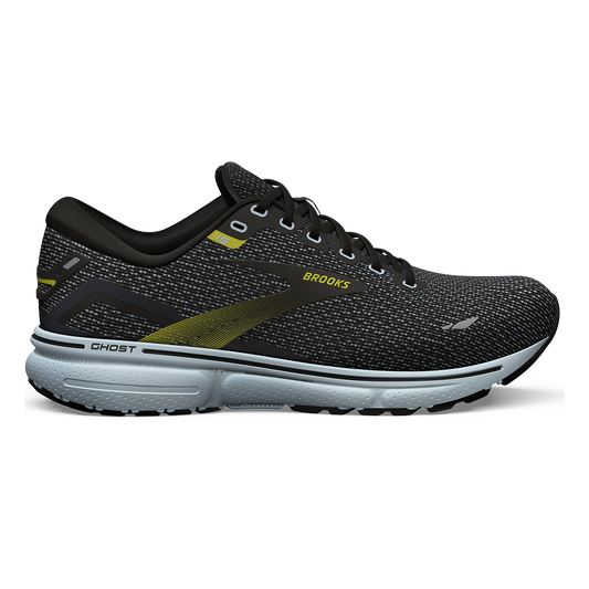 Men's Brooks Ghost 15, Black/Ballad Blue/Sulphur, 12 D Medium