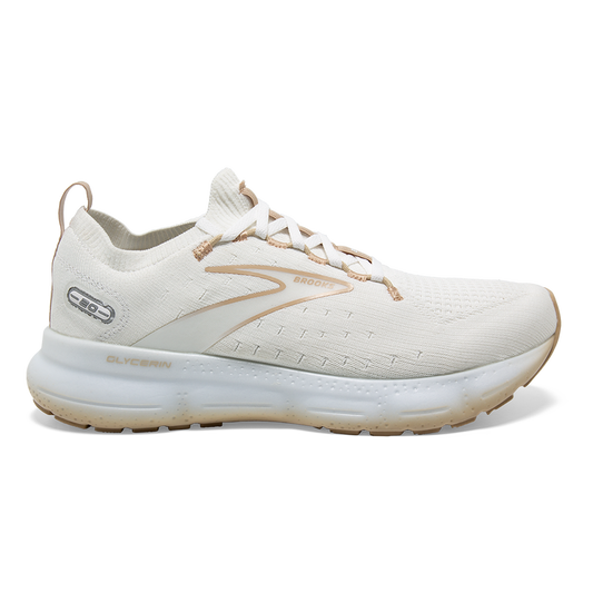 Women's Brooks Glycerin StealthFit 20, White/Khaki, 8.5 B Medium